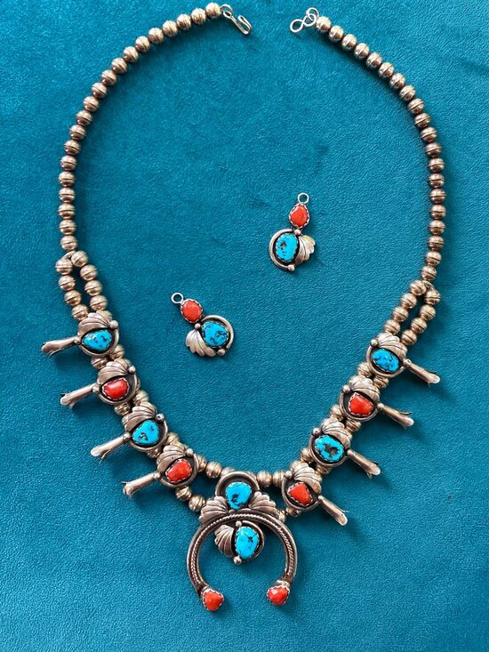 Jewelry - Vintage Navajo Sterling Silver Turquoise Coral Squash Blossom Necklace SIGNED